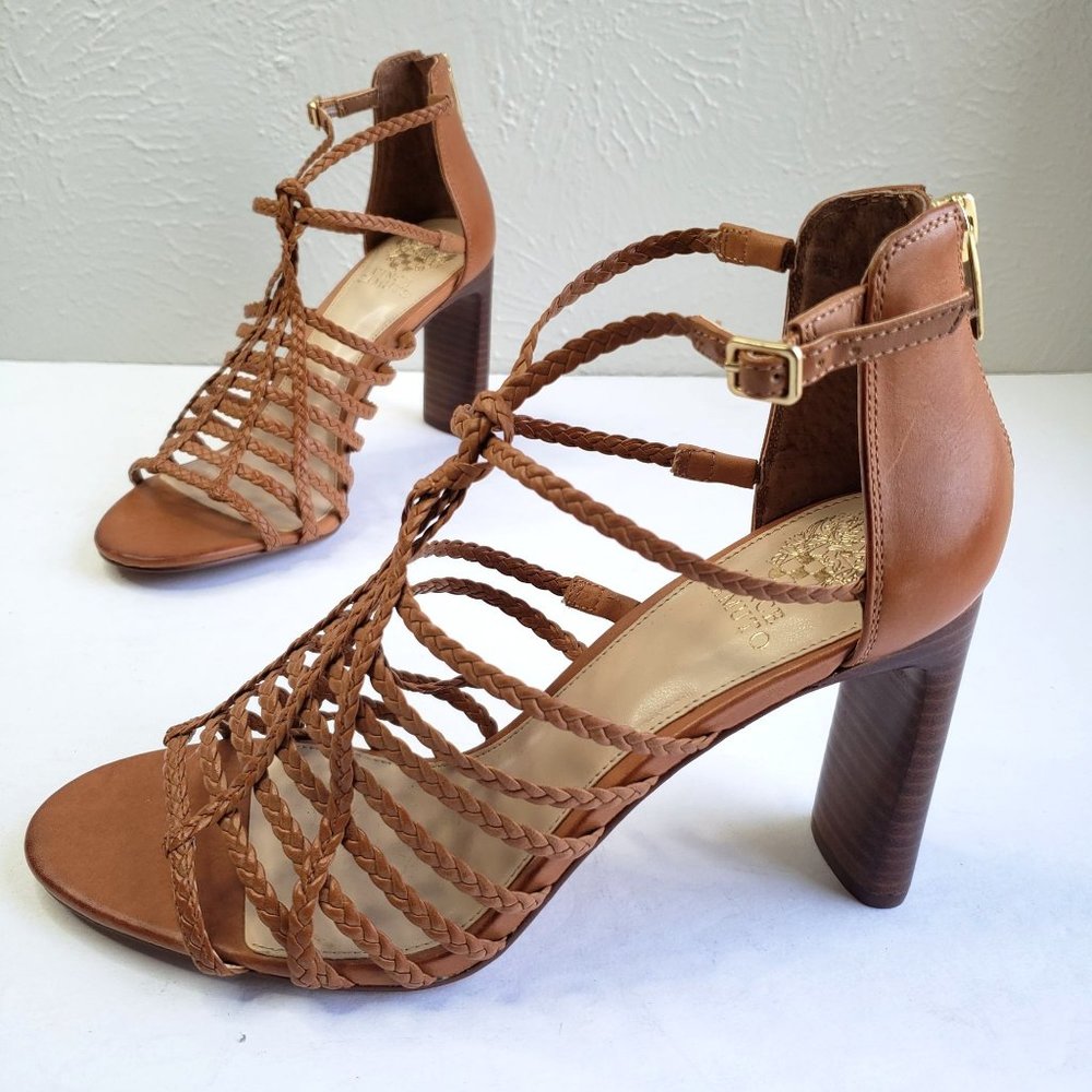 Vince Camuto Tan Braided Leather Block Heel Sandals
